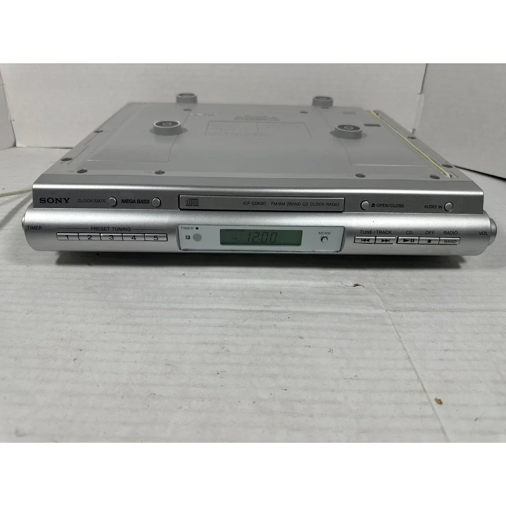 Sony ICF-CDK50 Under Cabinet Kitchen CD Player AMFM Clock Radio Silver Mega Bass